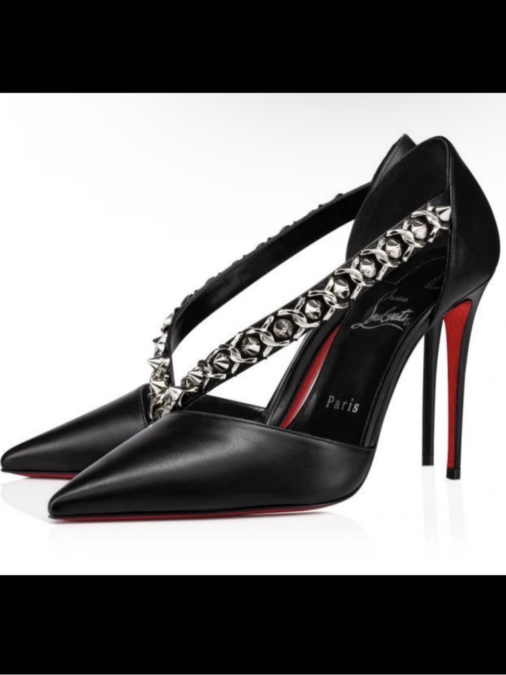 Christian Louboutin Black Leather Pointed Studded-Strap Stilettos with Red Sole
